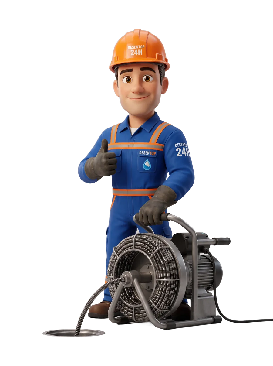 Técnico DESENTOP 24H com máquina profissional de desentupimento, polegar para cima